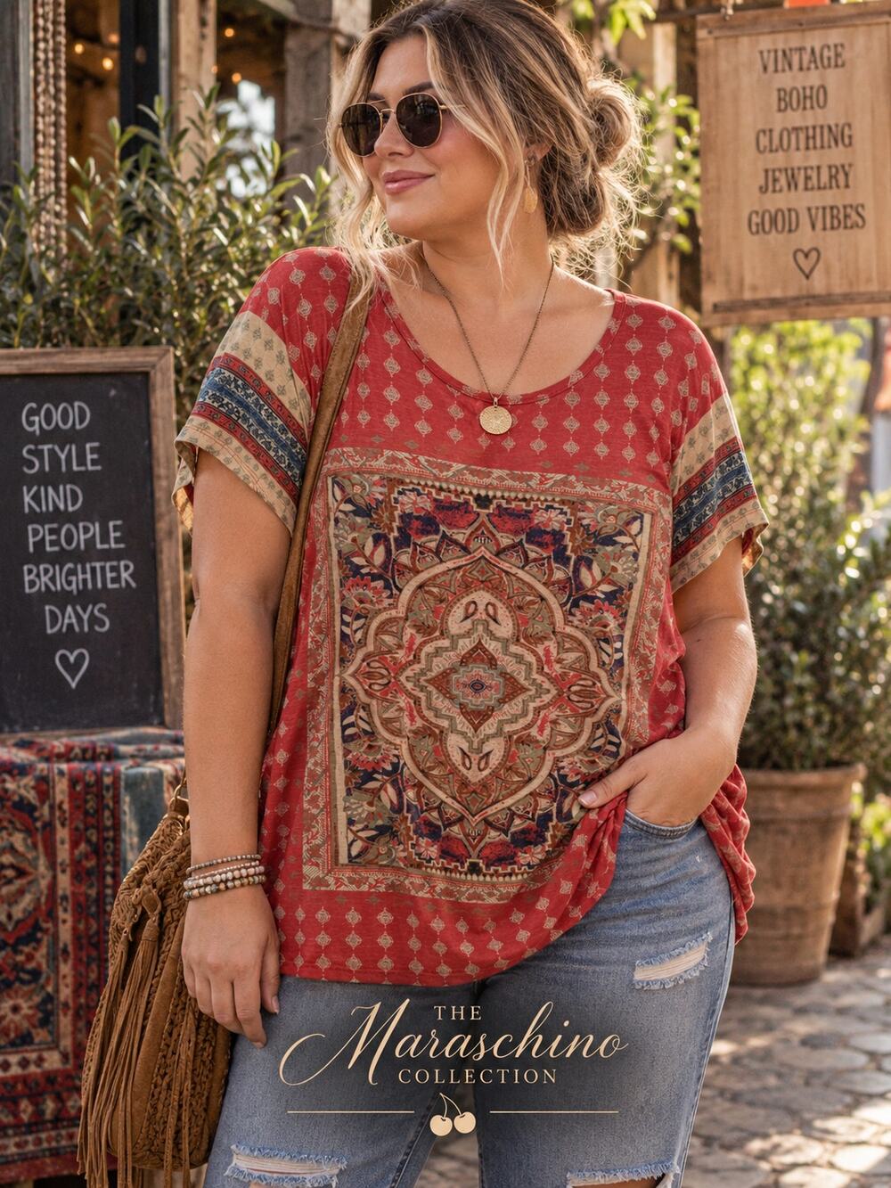 Lucky Brand Boho Tapestry Medallion Top Women 2X Coral Red Paisley Festival Tee